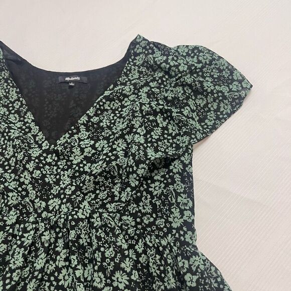 Madewell Georgette Green Floral Faux Wrap Short Sleeve Peplum Top Small Womens - Picture 3 of 7